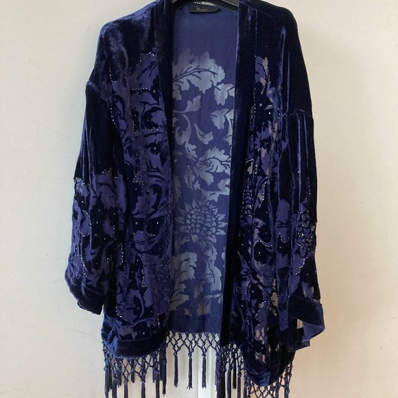 Blue Devore Velvet Kimono - Picture 5 of 7